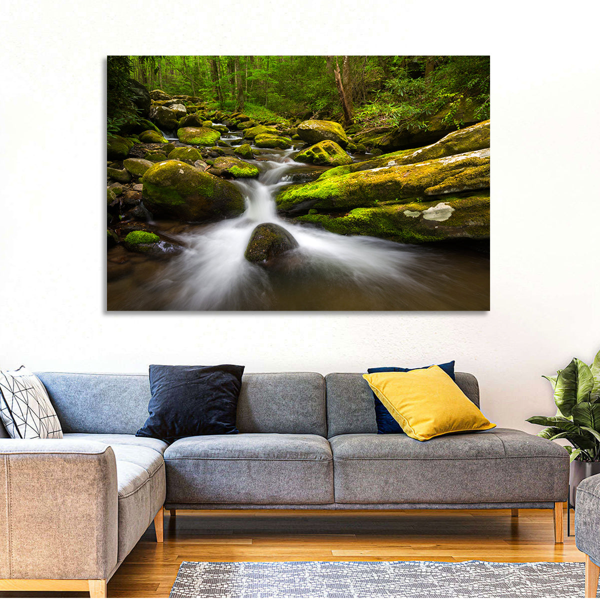 Mossy Forest Stream Wall Art in a room, landscape
