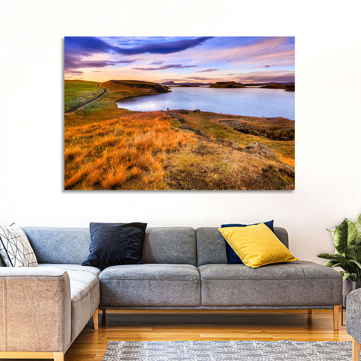 Sunset Over Lake Myvatn Wall Art in a room, landscape