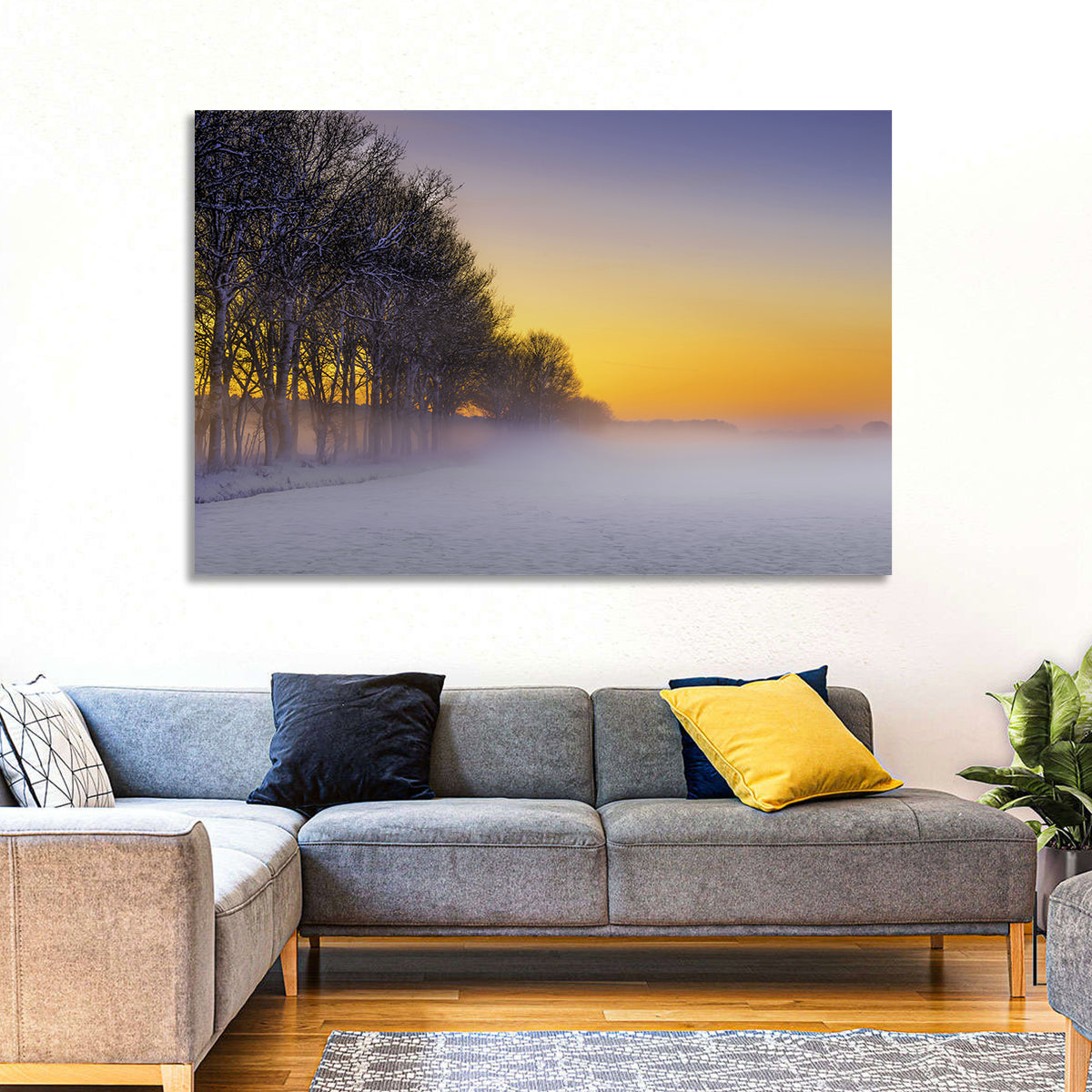 Winter Fog at Sunset Wall Art in a room, landscape