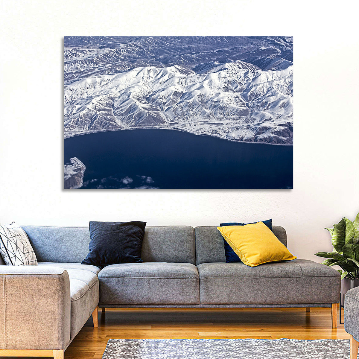 Lake Sevan Aerial Winter View Wall Art in a room, landscape