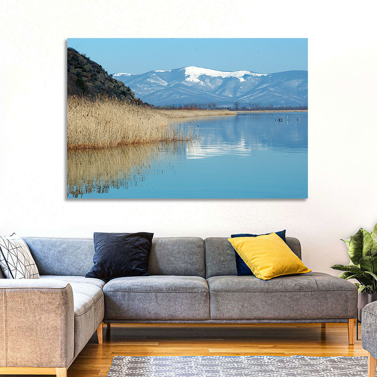 Prespa Lake Reflections Wall Art in a room, landscape