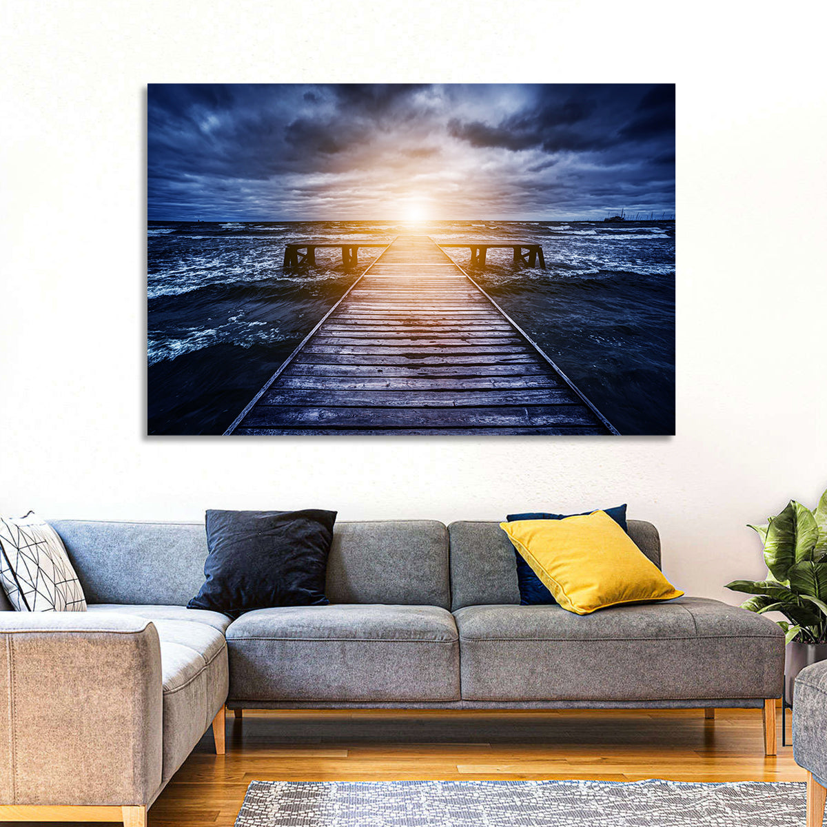 Sunlit Wooden Jetty at Dusk Wall Art in a room, landscape