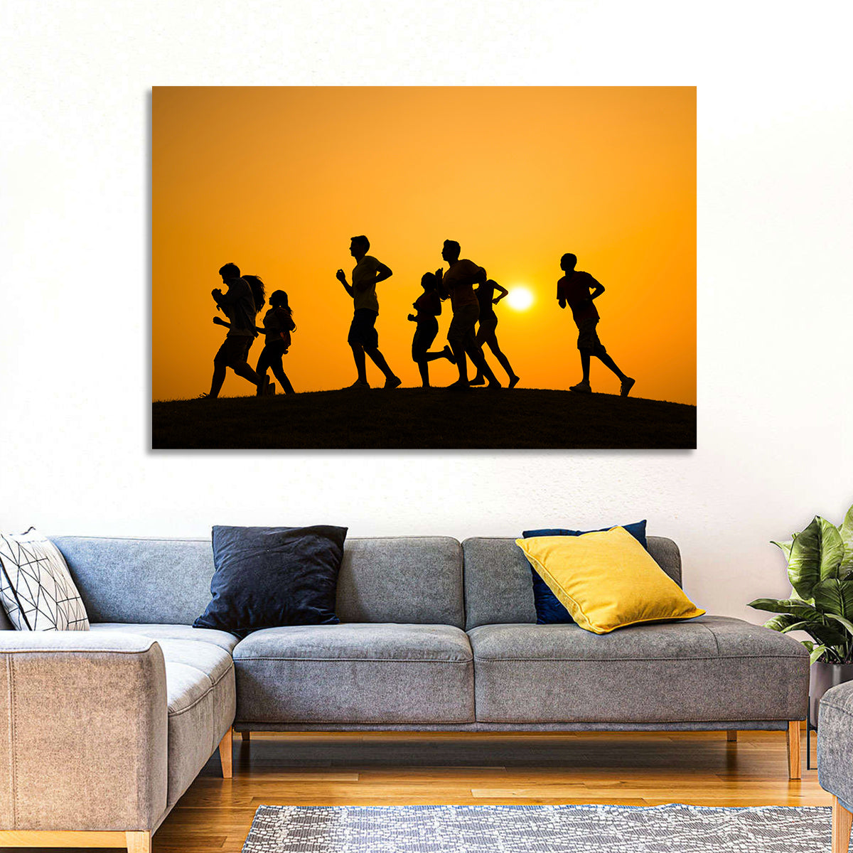 Six Runners Silhouette at Golden Sunset Wall Art in a room, landscape
