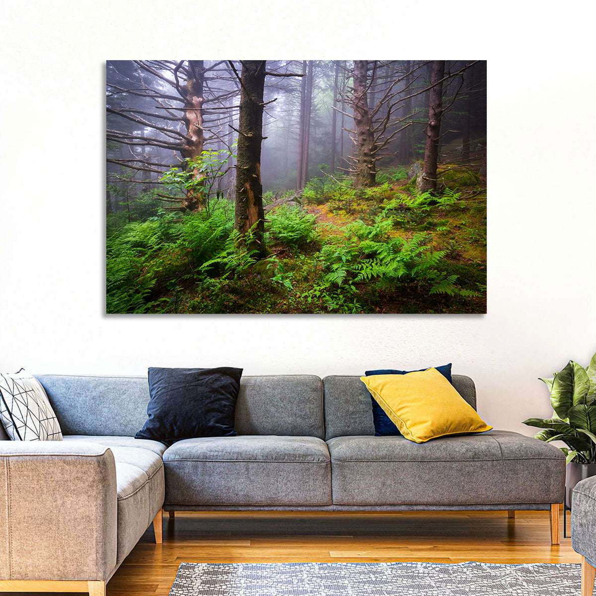 Misty Spruce-fir Trail Wall Art in a room, landscape