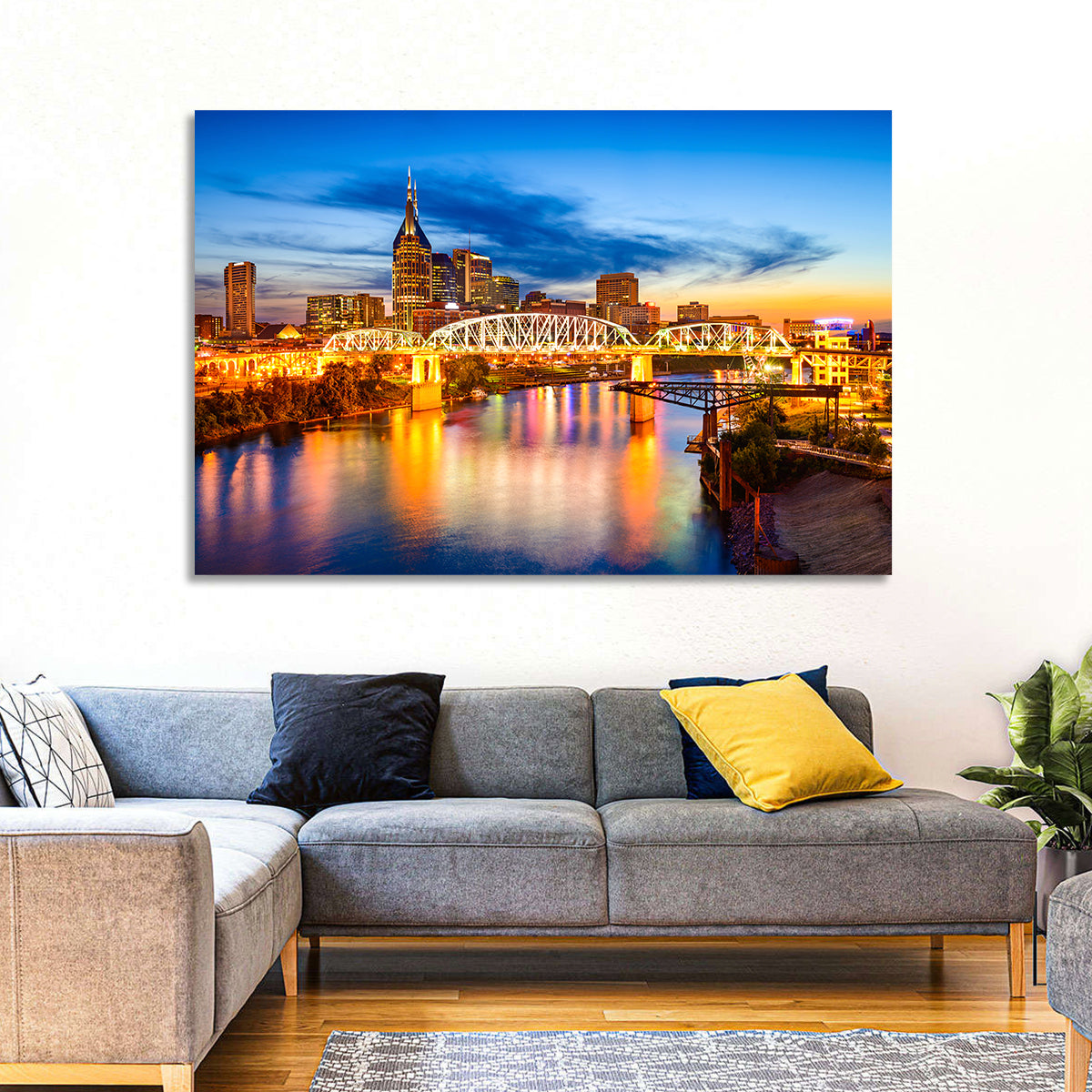 Nashville Skyline at Twilight Bridge Reflections Wall Art in a room, landscape