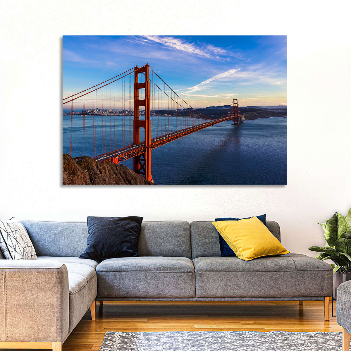 Golden Gate Bridge at Golden Hour Wall Art in a room, landscape