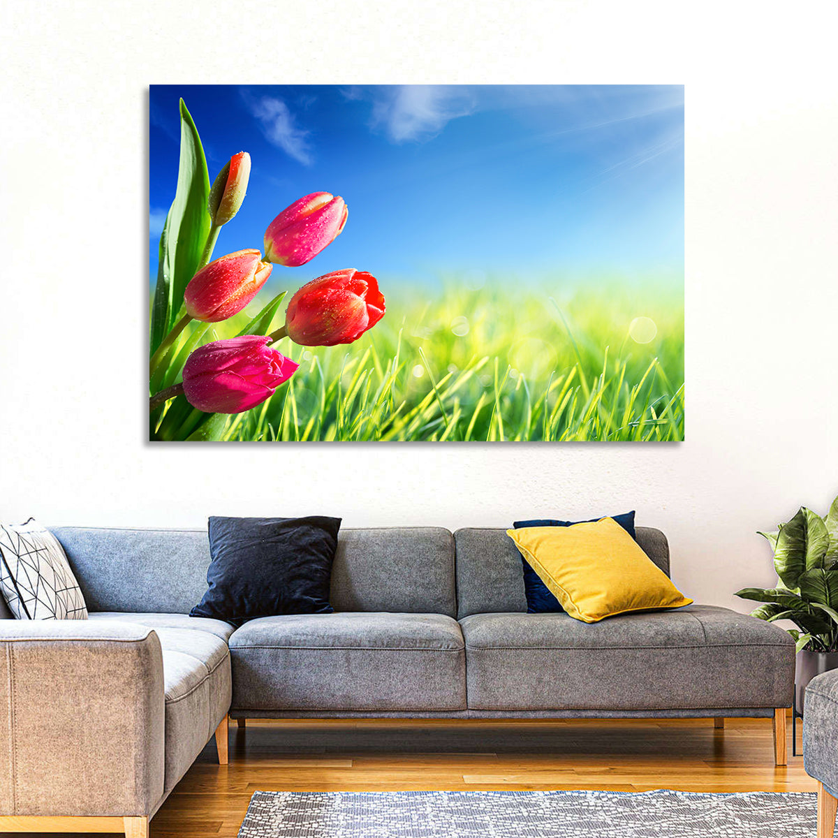 Dewy Red Tulips Under Blue Sky Wall Art in a room, landscape