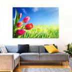 Dewy Red Tulips Under Blue Sky Wall Art