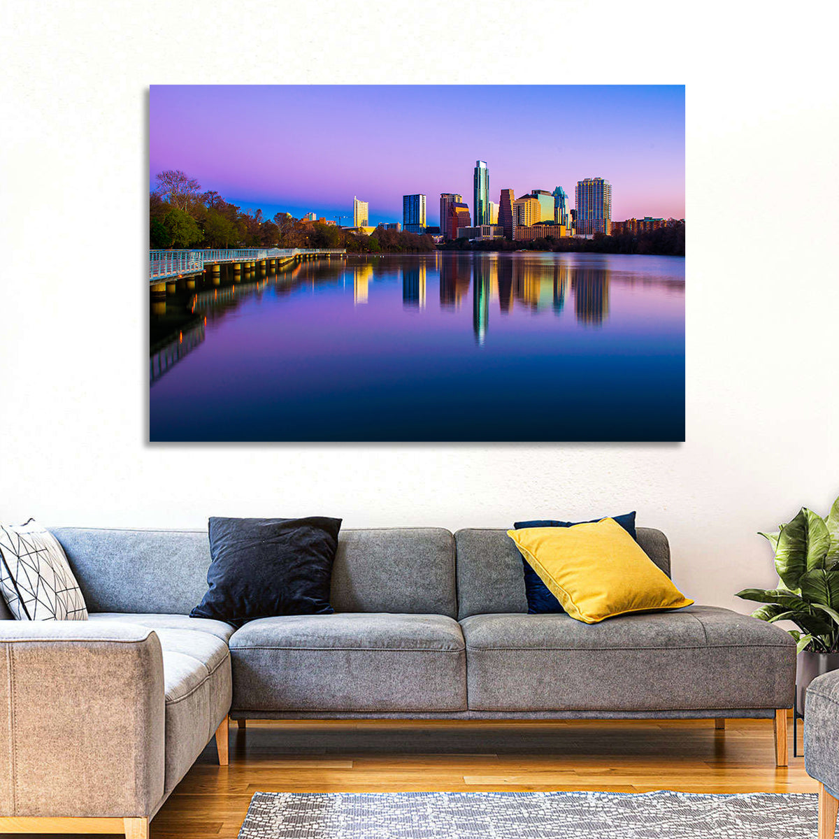 Austin Skyline Reflection at Twilight Wall Art in a room, landscape