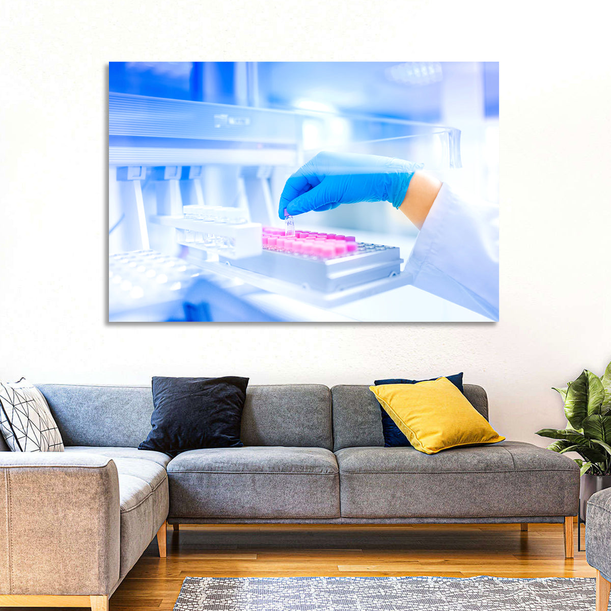 Gloved Hand with Vial and Pink-capped Tubes Wall Art in a room, landscape