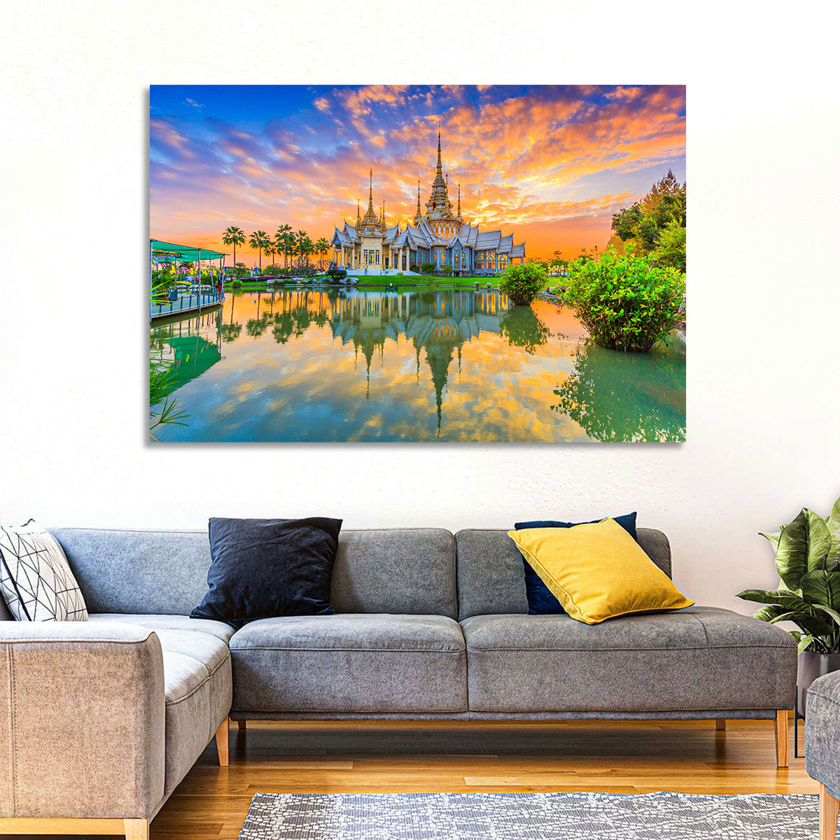 Wat Non Kum Sunset Reflection Wall Art in a room, landscape