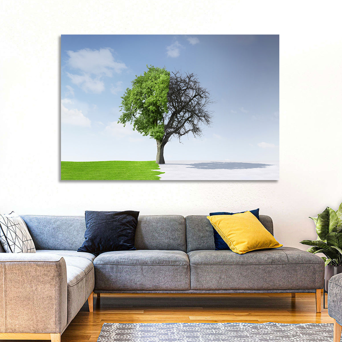 Split Seasons Tree Wall Art in a room, landscape