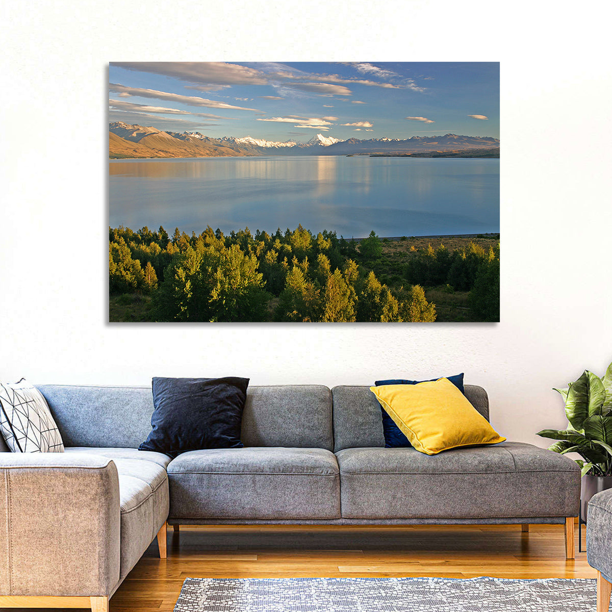Lake Pukaki Reflections with Mount Cook Wall Art in a room, landscape
