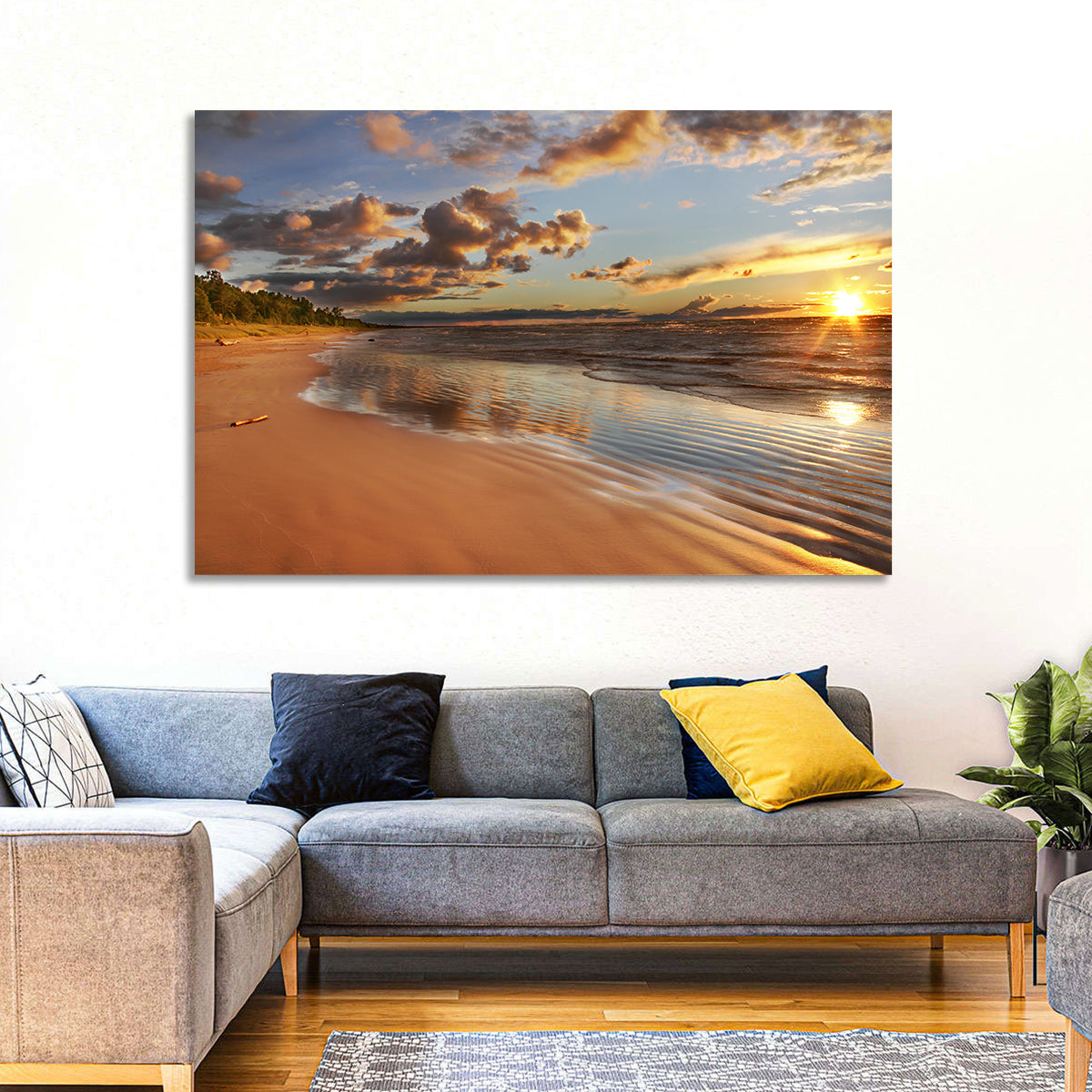 Lake Huron Sunset Beach Wall Art in a room, landscape