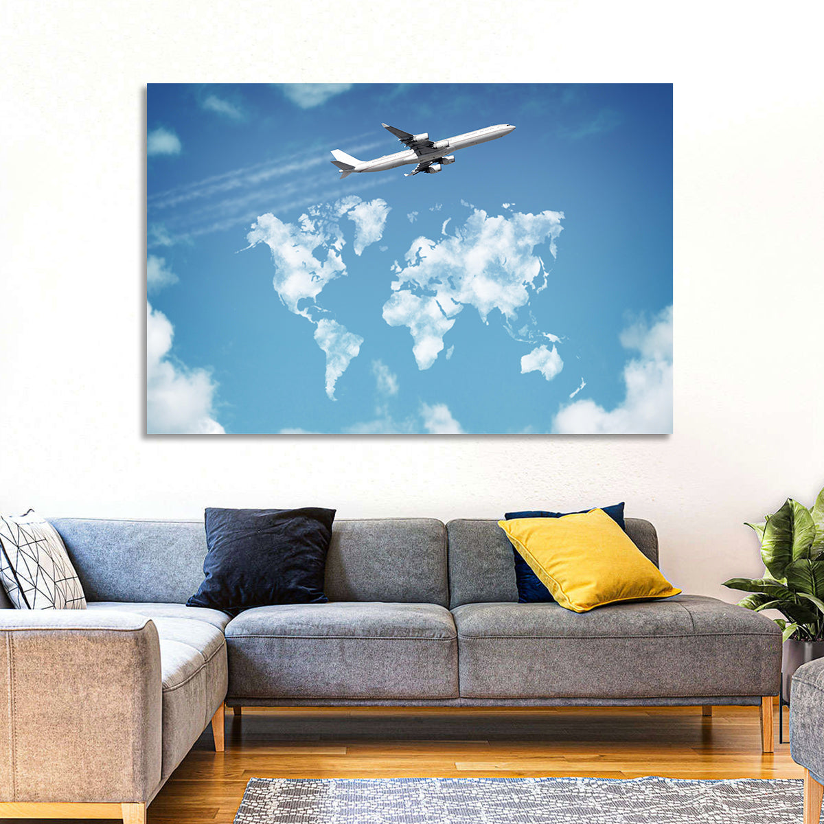 Jet Over Cloud World Map Wall Art in a room, landscape