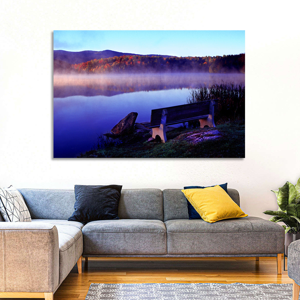 Bench at Misty Lake Sunrise Wall Art