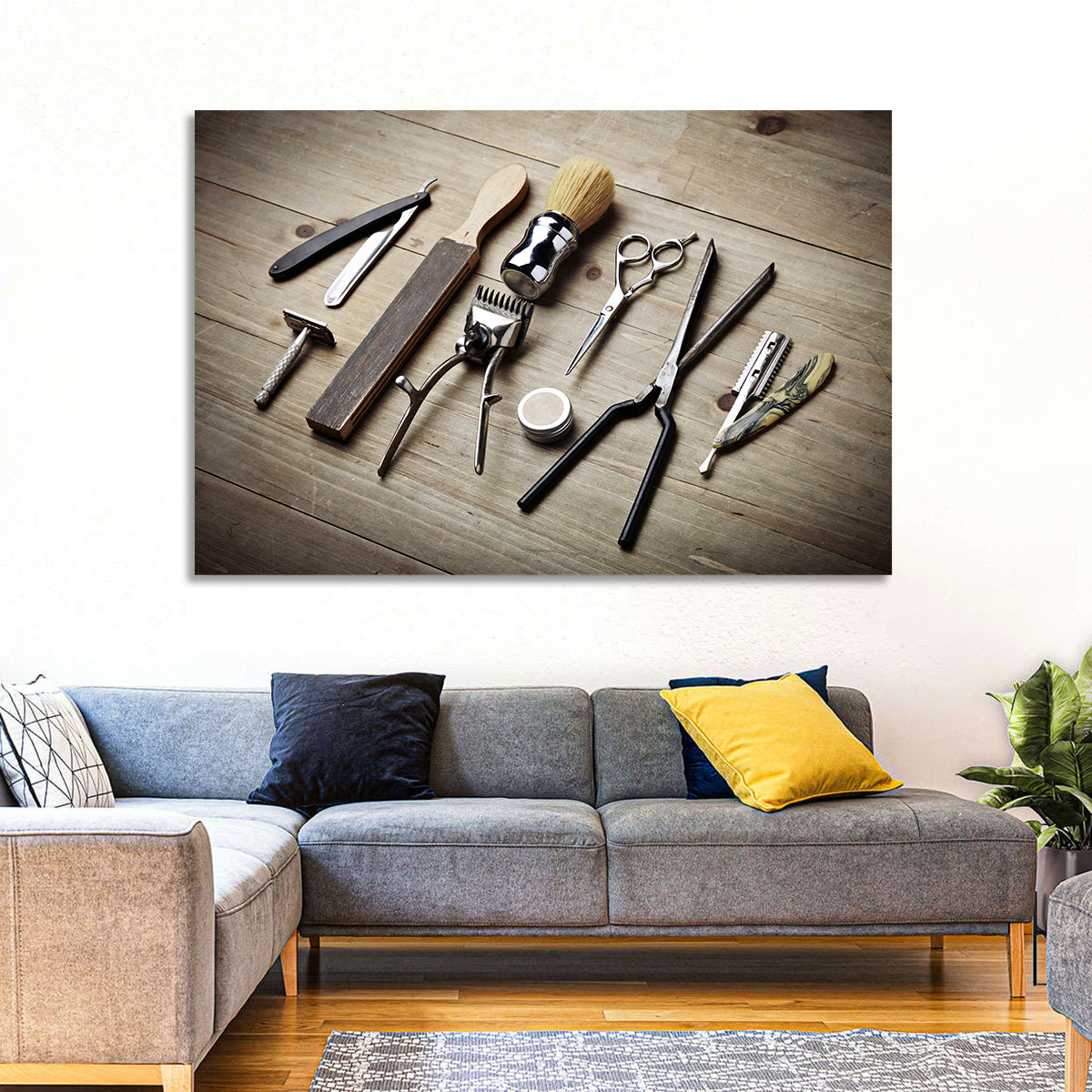 Vintage Barber Tools on Wooden Workbench Wall Art