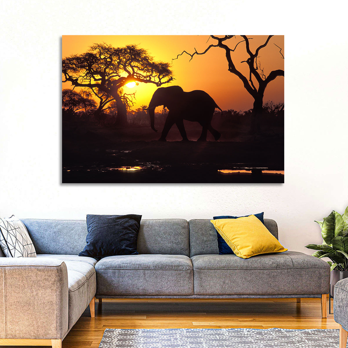 Elephant at Sunset Wall Art in a room, landscape