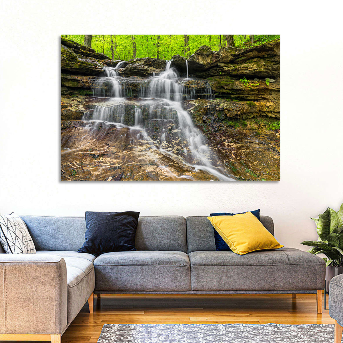 Mossy Ledge Waterfall Wall Art in a room, landscape