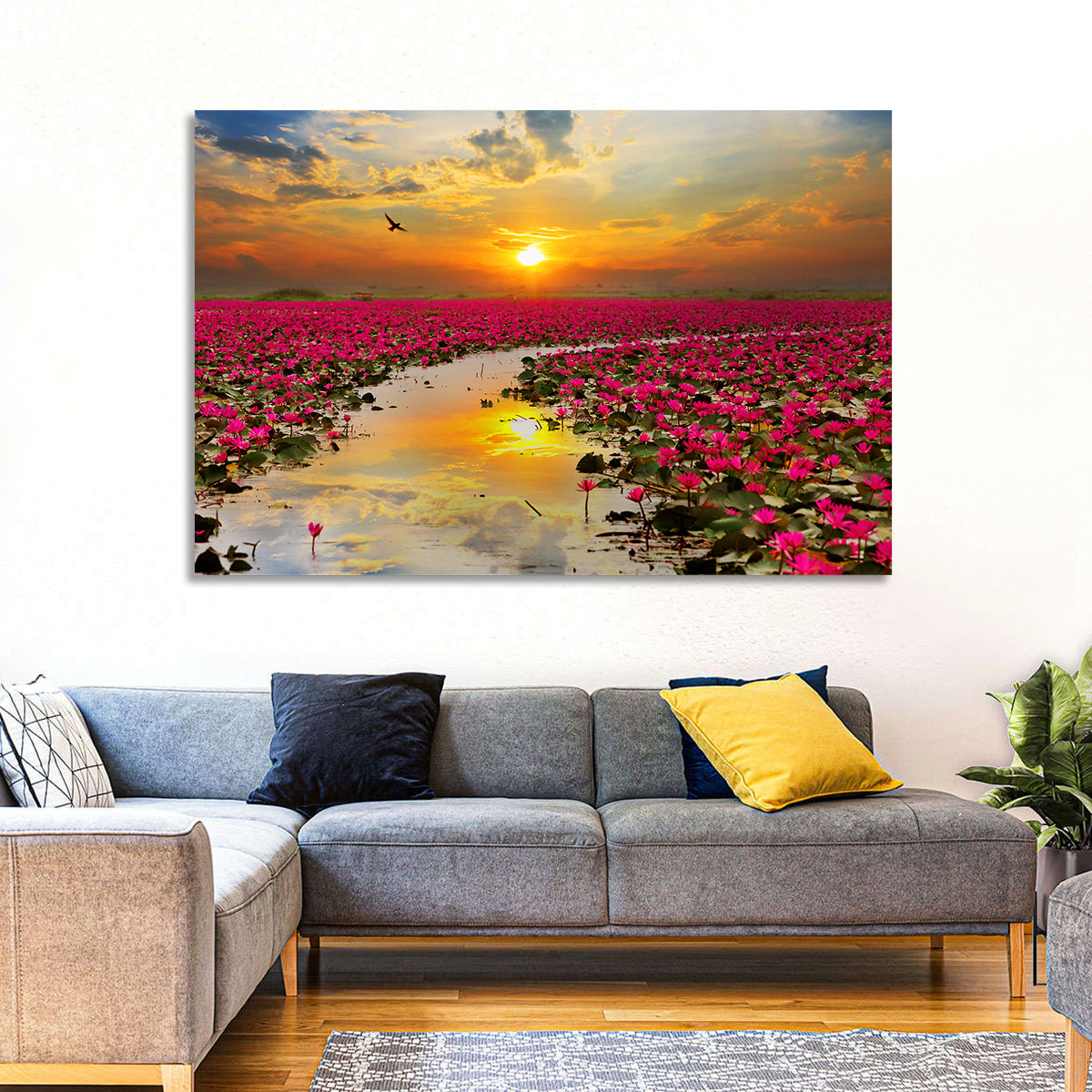 Golden Hour Lotus Field Wall Art