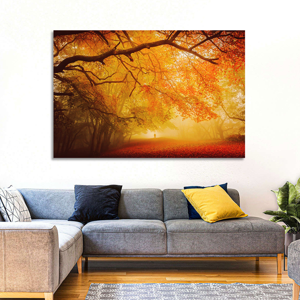 Autumn Forest Path with Lone Figure Wall Art in a room, landscape