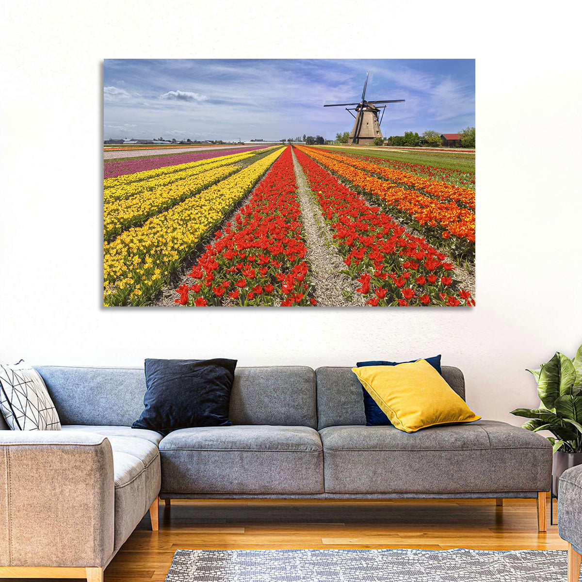 Spring Tulip Fields with Dutch Windmill Wall Art in a room, landscape