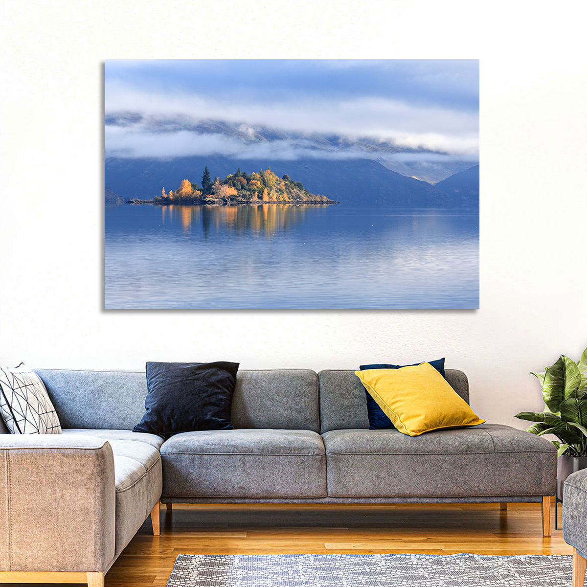 Misty Wanaka Island Reflection Wall Art in a room, landscape