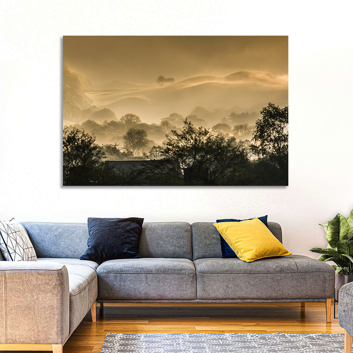 Bronze Morning Mist Over Hills Wall Art in a room, landscape