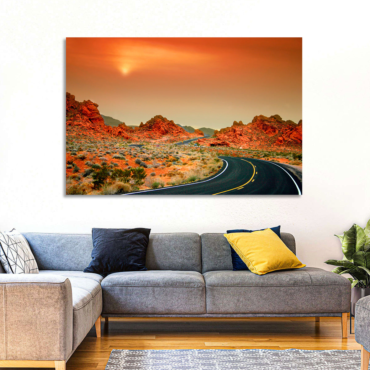 Valley of Fire Winding Road Wall Art in a room, landscape