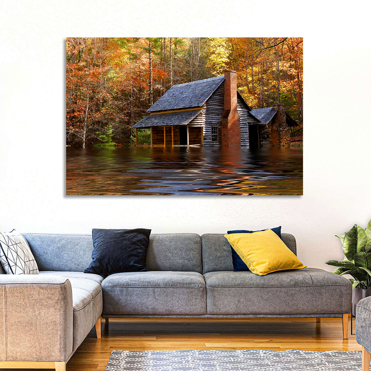 Autumn Flooded Log Cabin Wall Art