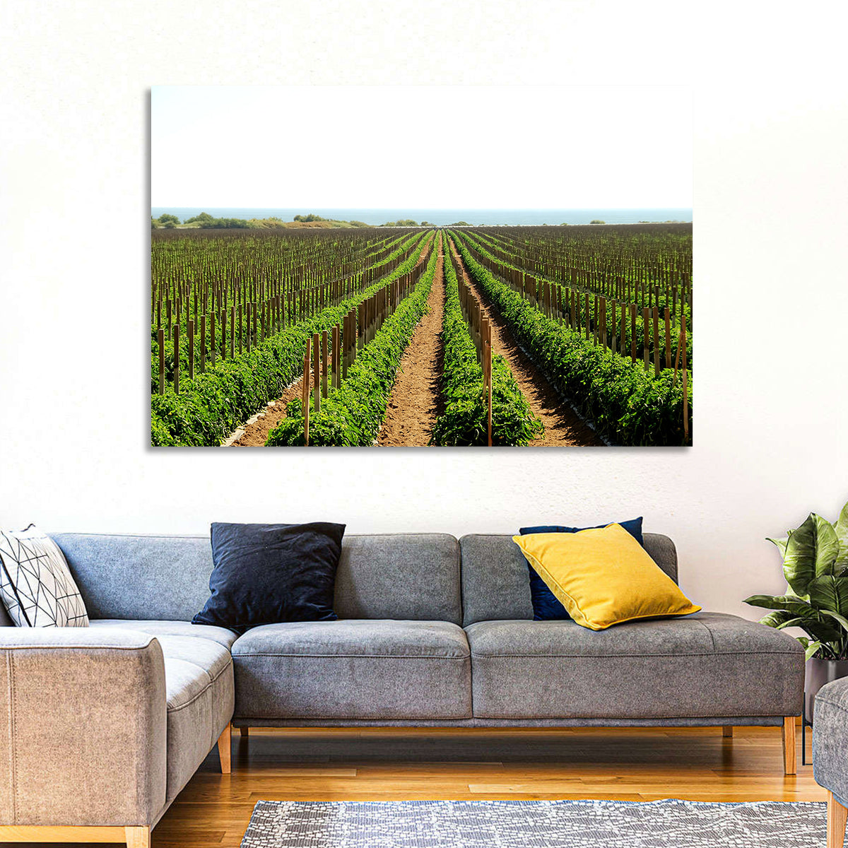 Tomato Fields Wall Art in a room, landscape
