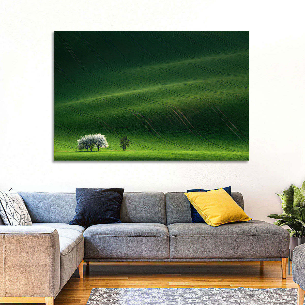 Emerald Hills with Blossoming Tree Wall Art in a room, landscape