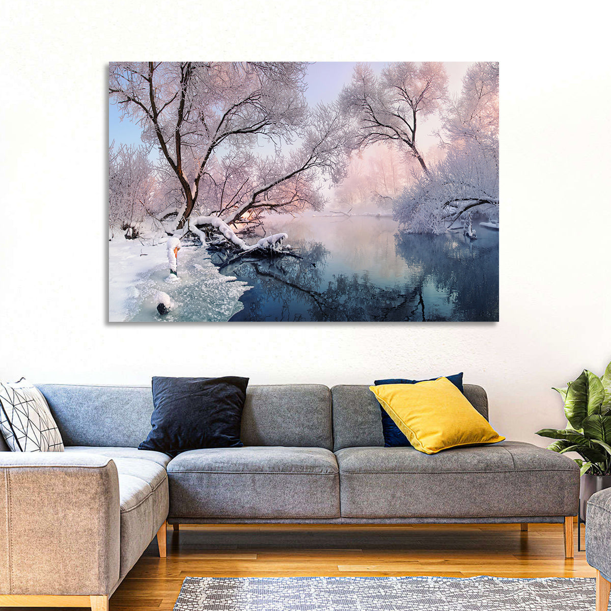 Snowy Lake Morning Mist Wall Art