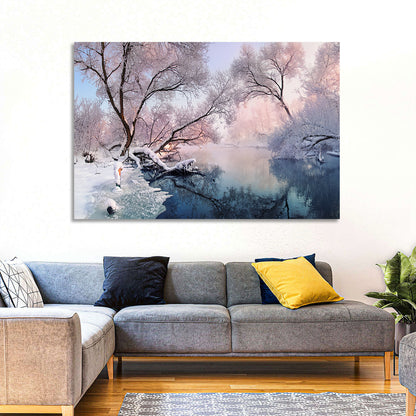 Snowy Lake Morning Mist Wall Art