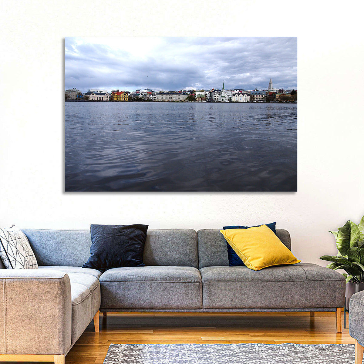 Tjörnin Reykjavik Skyline Wall Art in a room, landscape