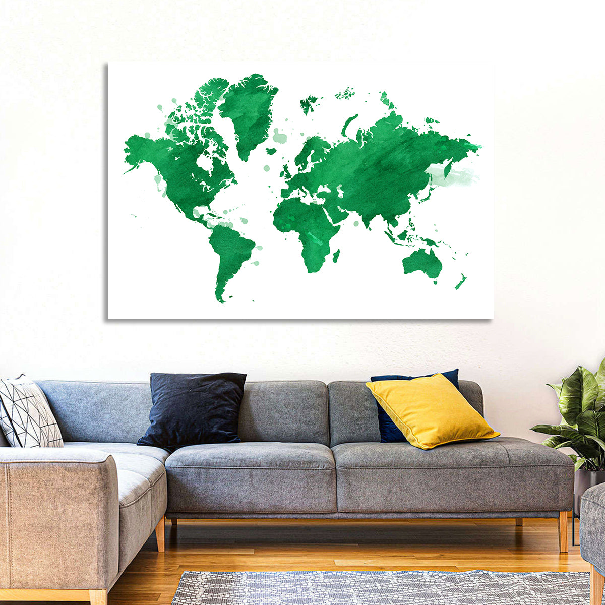 Green Watercolor World Map Wall Art in a room, landscape