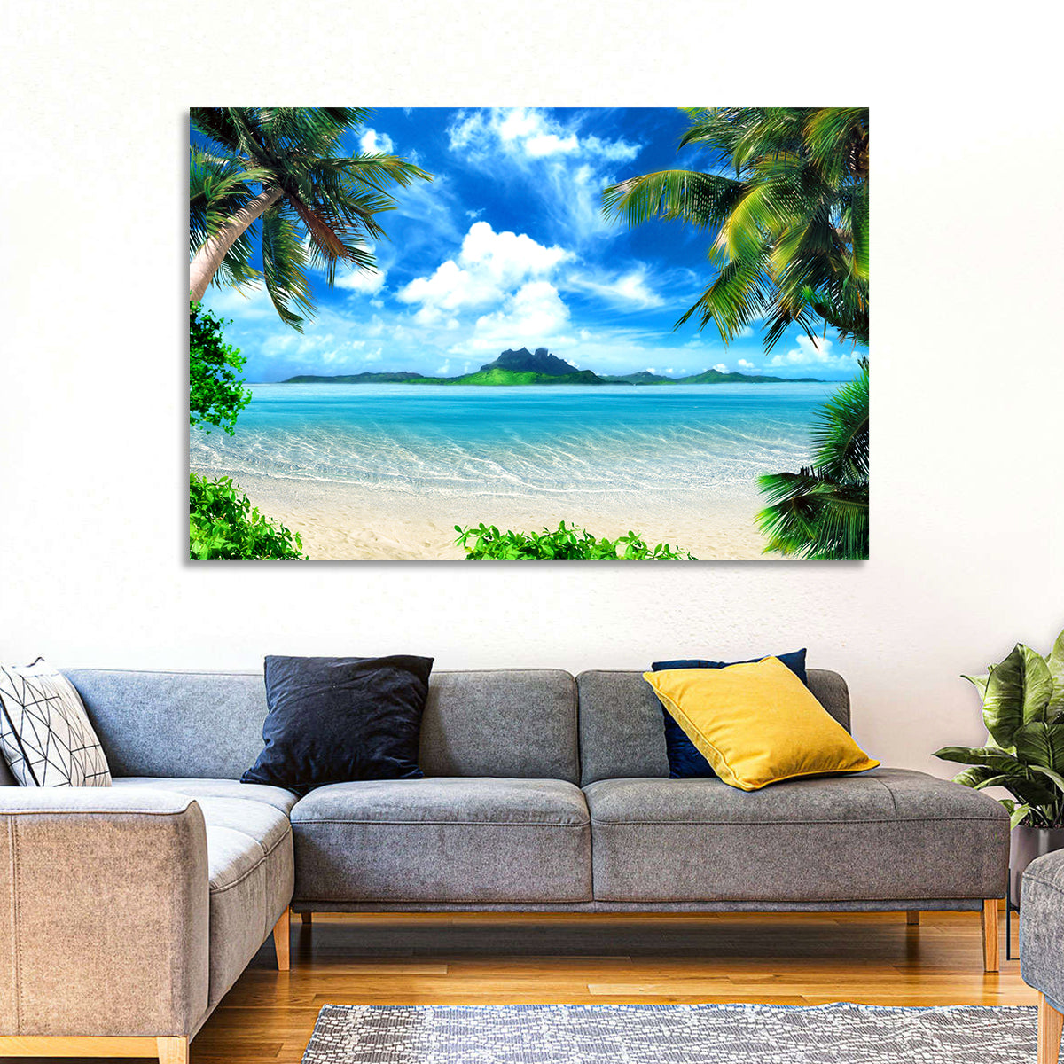 Palm-framed Tropical Island Beach Wall Art in a room, landscape