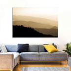 Foggy Mountain Sunset with Evergreen Silhouettes Wall Art