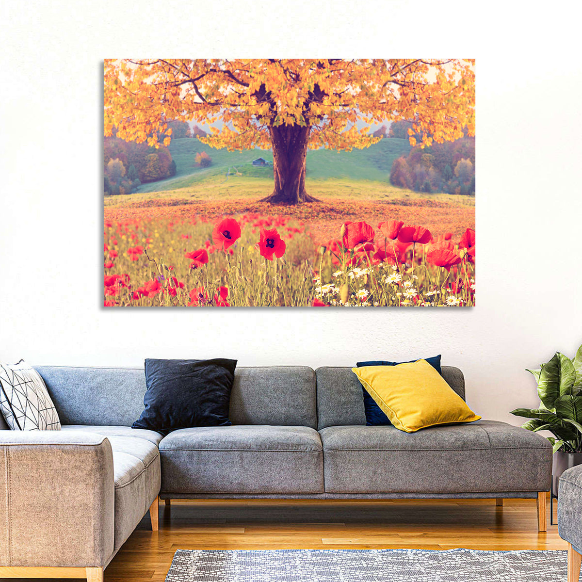 Autumn Tree and Poppy Field Wall Art in a room, landscape
