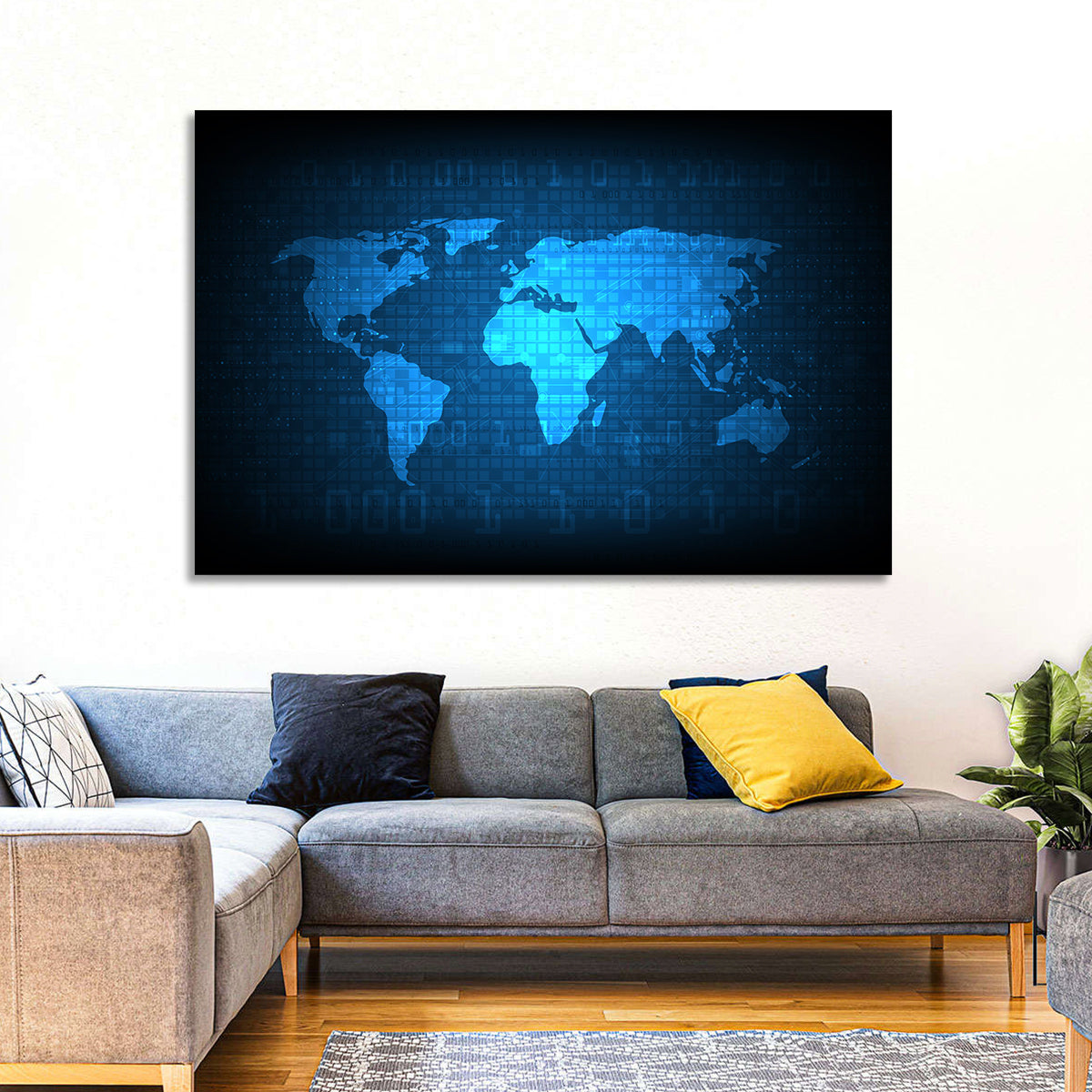 Binary Grid World Map Wall Art in a room, landscape