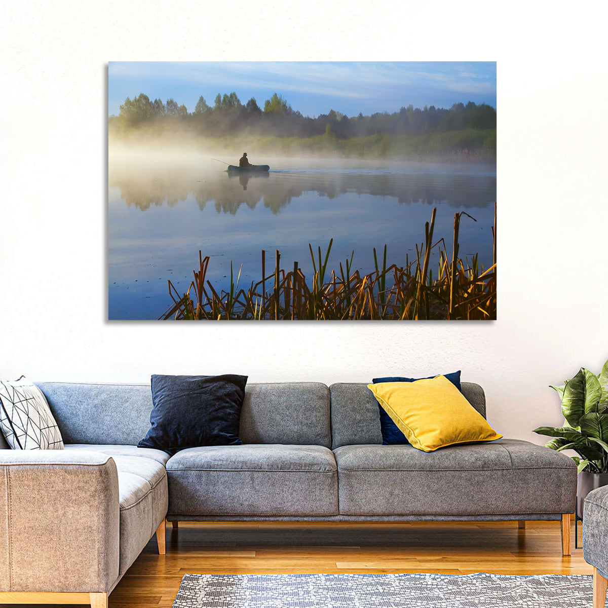 Misty Lake Fisherman Wall Art in a room, landscape