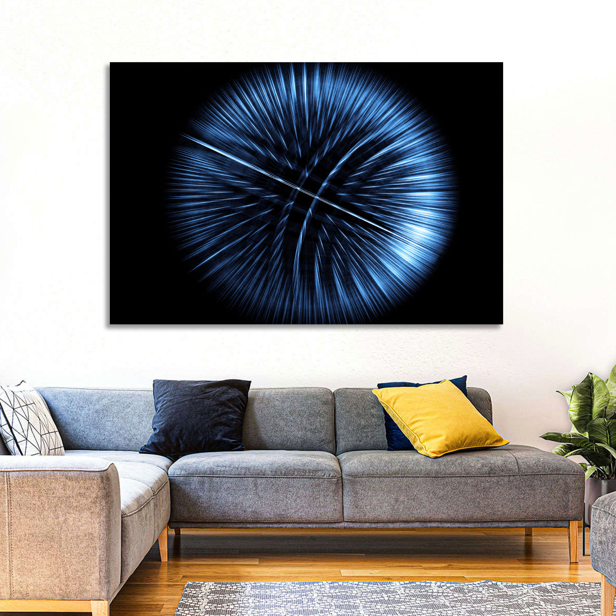 Glowing Blue Textured Sphere Wall Art in a room, landscape