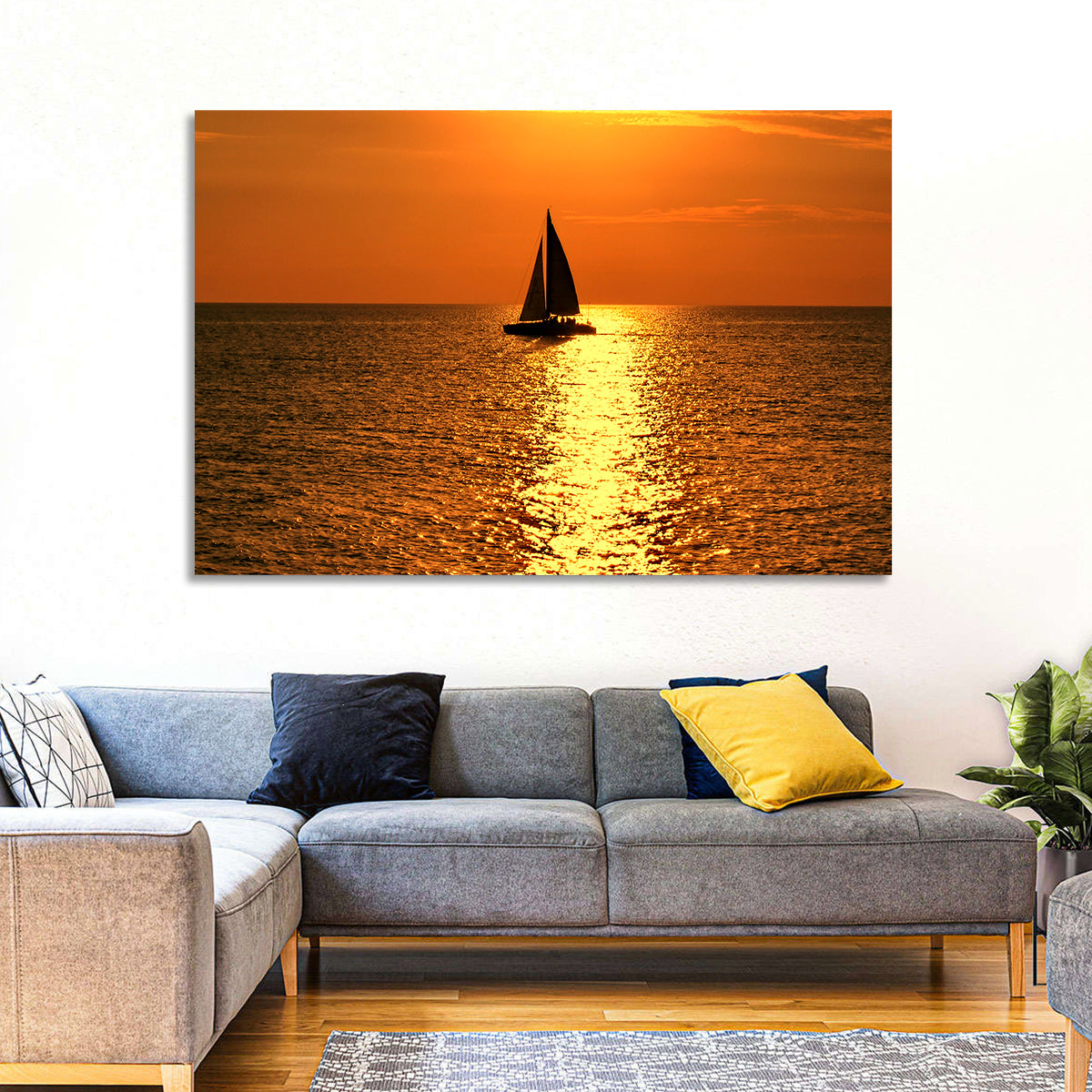 Sailboat Silhouette at Golden Sunset Wall Art