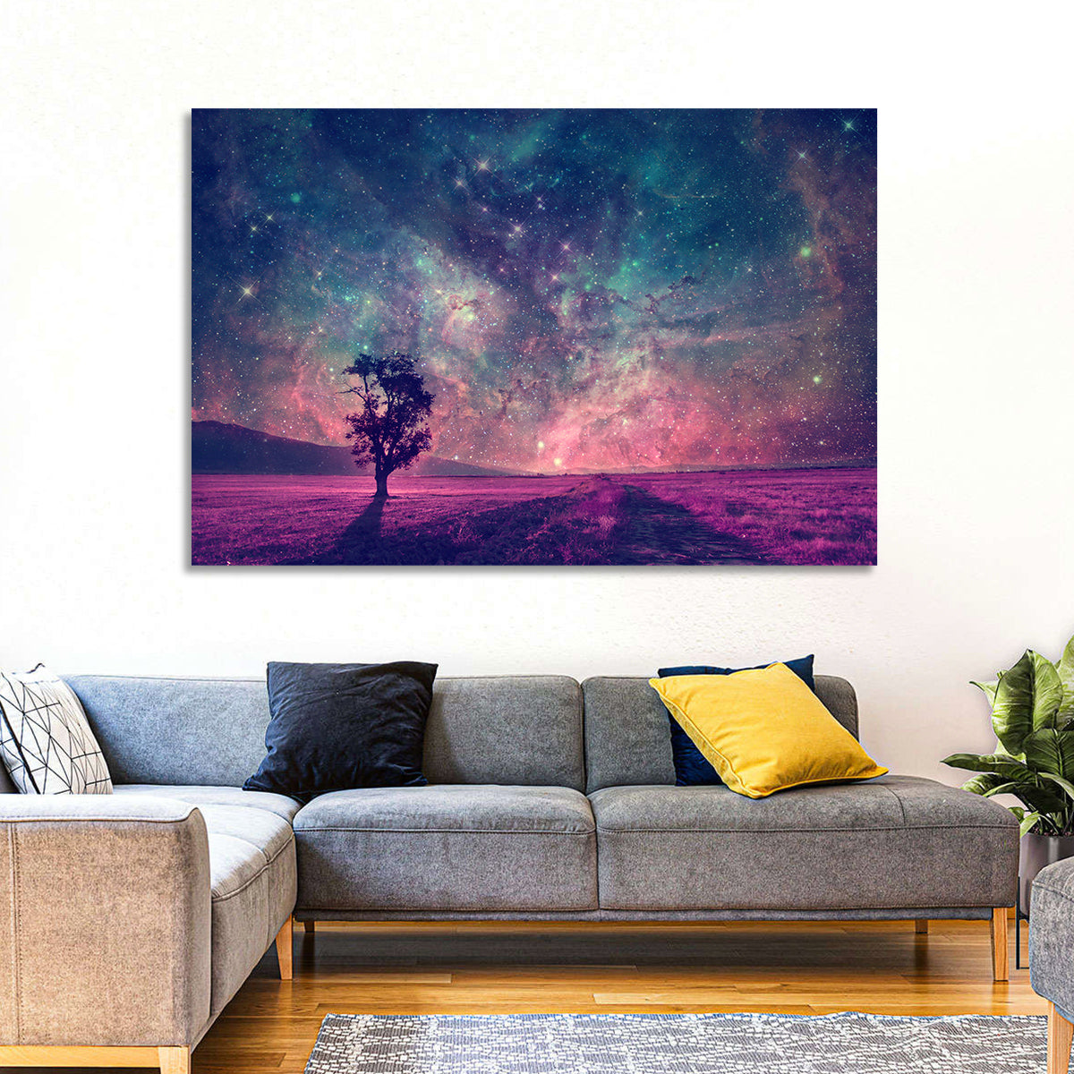 Lone Tree Under Nebula Sky Wall Art in a room, landscape