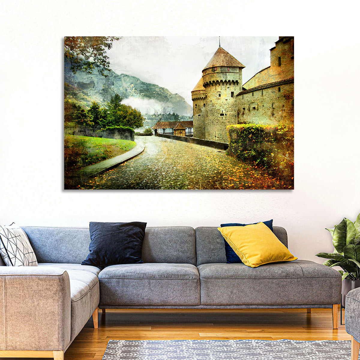 Autumn Approach to Chillon Castle Wall Art in a room, landscape