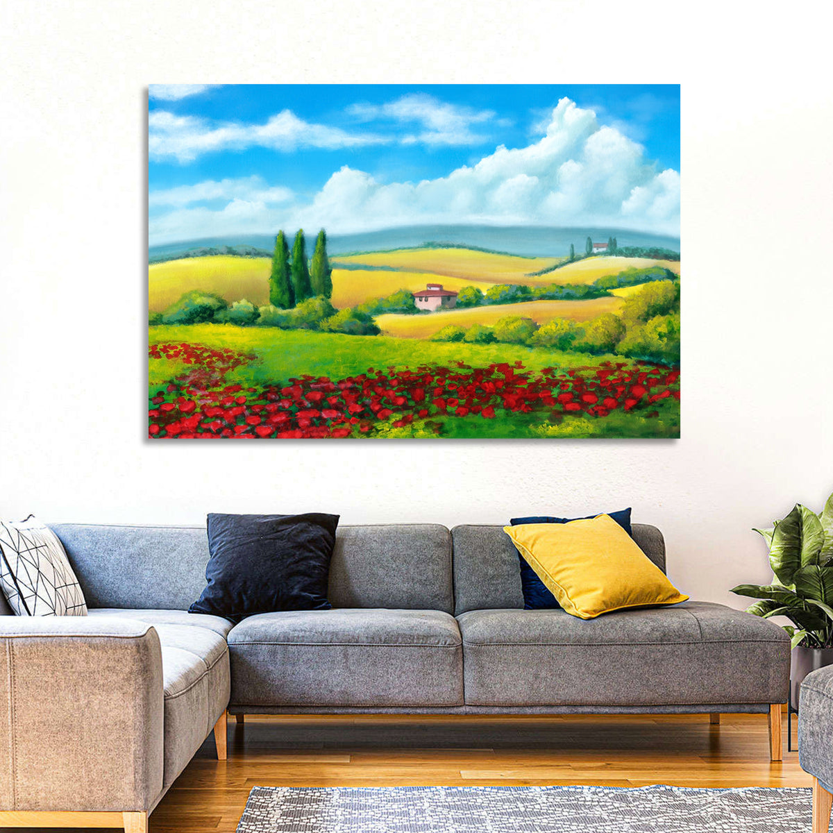 Tuscan Poppy Field Wall Art in a room, landscape