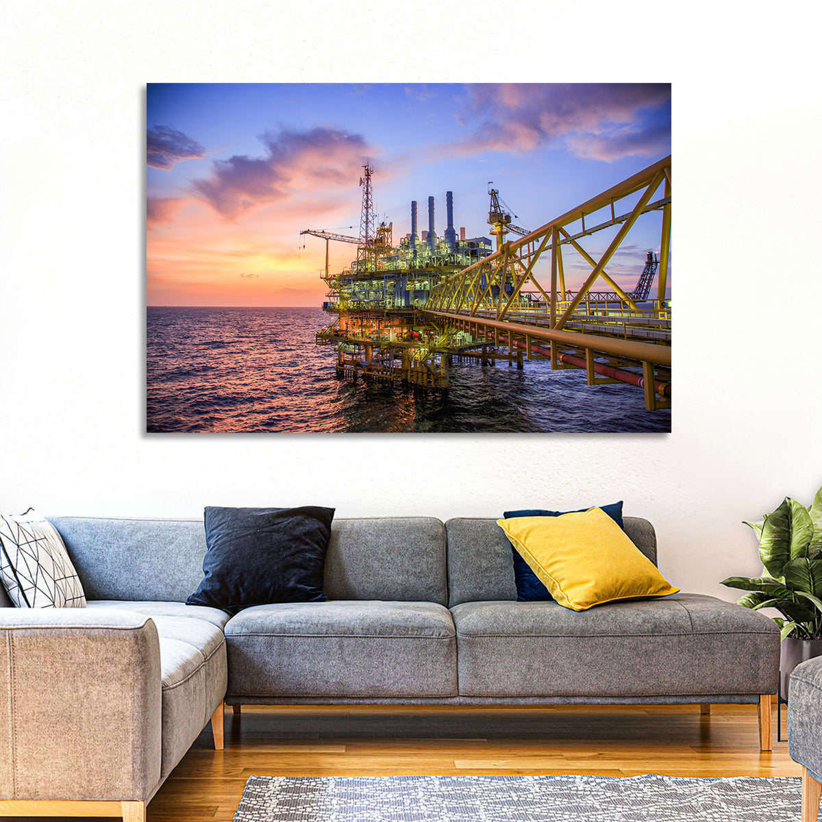 Golden Hour Offshore Oil Rig Wall Art in a room, landscape