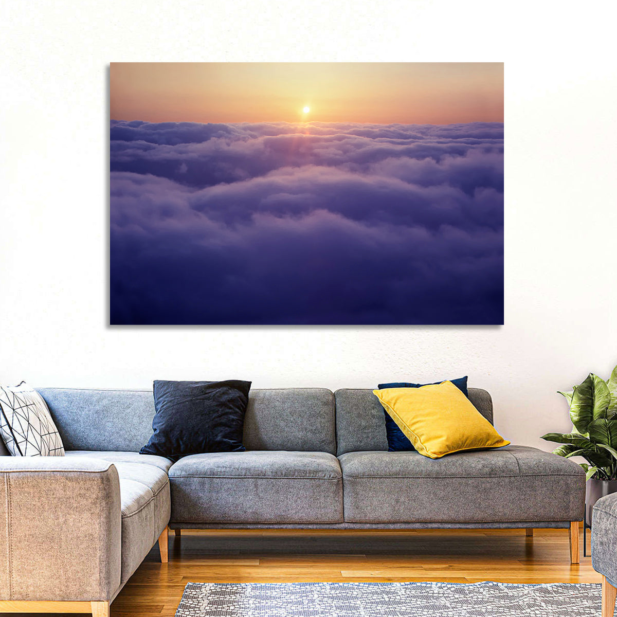 Sunset Over Endless Clouds Wall Art in a room, landscape