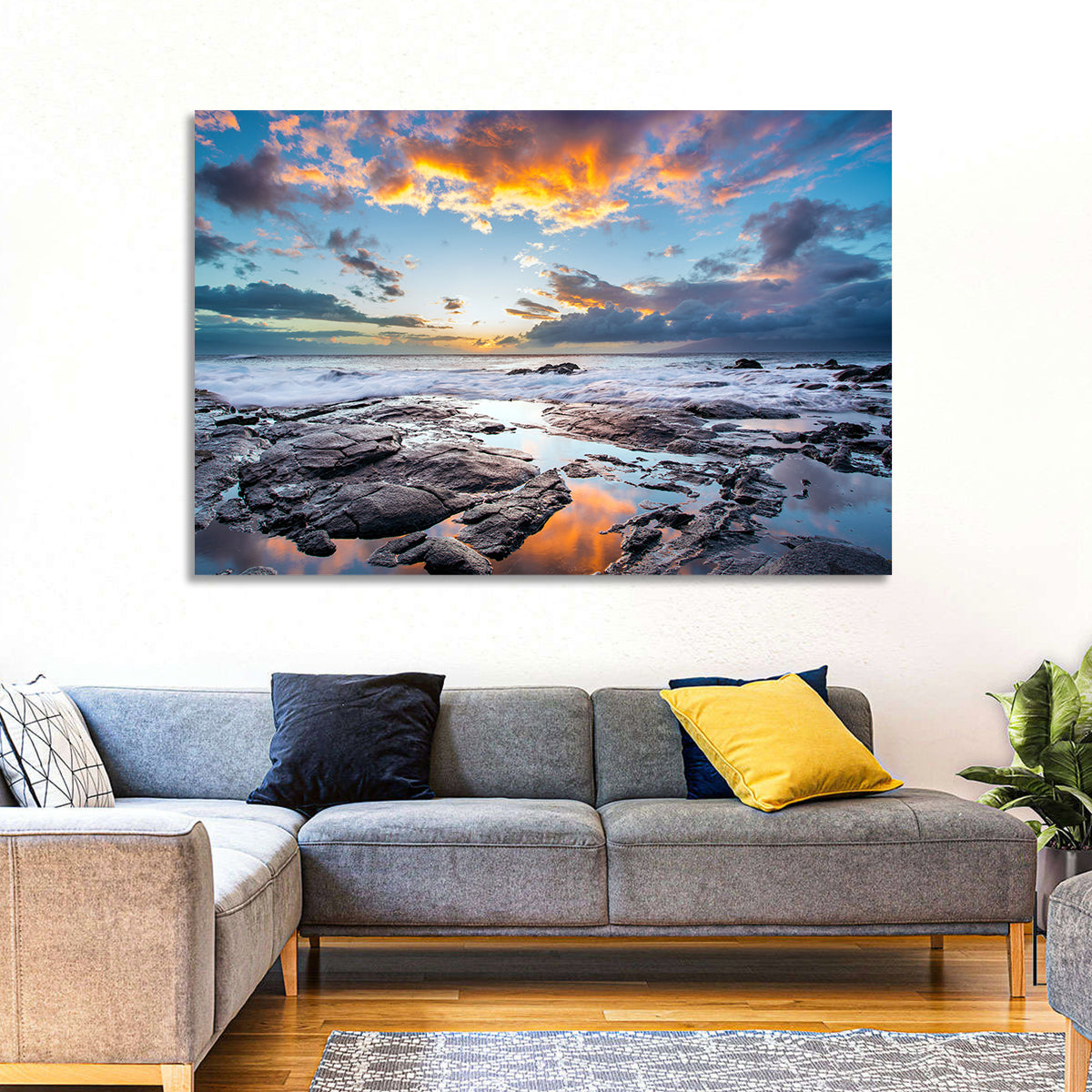Sunset Over Volcanic Shore Wall Art in a room, landscape