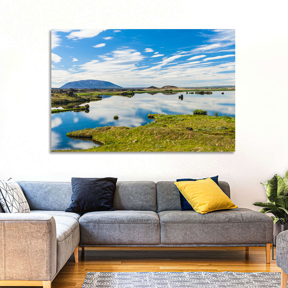 Lake Myvatn Reflection Wall Art in a room, landscape